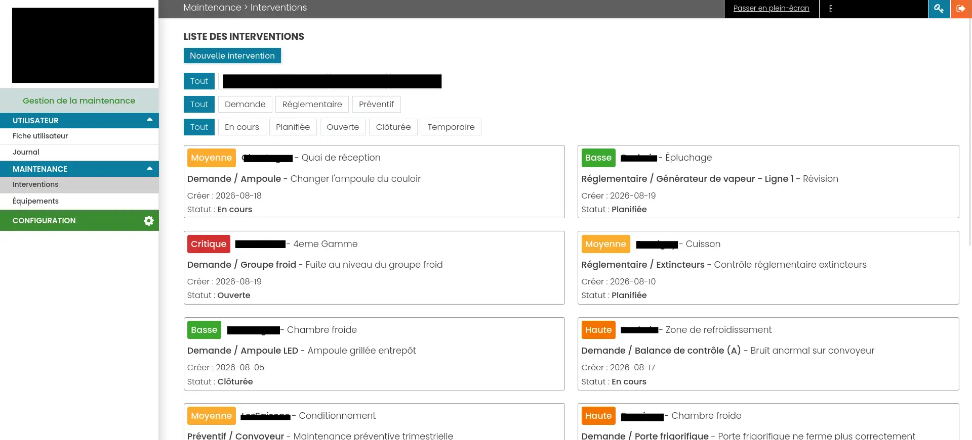 interface du SaaS de maintenance